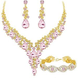 🆕Women Pink Crystal Jewelry Statement Choker Necklace Earrings Bracelets Set